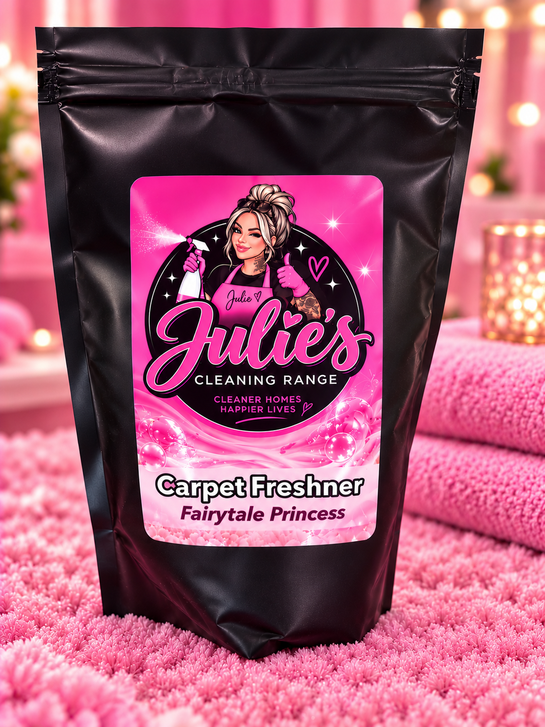 A black resealable stand-up pouch of Carpet Freshner by Julie's Cleaning Range, featuring a bright pink front label with an illustrated woman and the text 'Carpet Freshner' and 'Fairytale Princess.' The pouch is photographed on a pink textured surface with a softly blurred pink background and rolled towels.